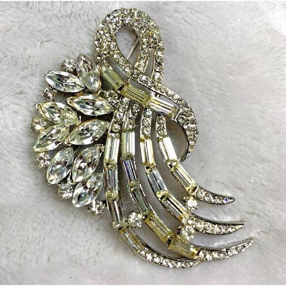 Vintage 50s Rhinestone Brooch Clear Crystal Marquis Baguette Spray Pin Statement - Picture 1 of 11